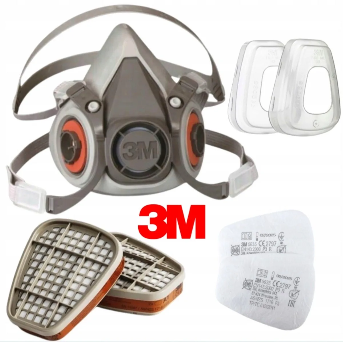 3M 6300 maat L + 6051 x2 + 5911 x2 + 501 x2 SET half gelaatsmasker compleet !!! Verfmasker - stofmasker de 3M, Gris, Blanc – image du produit