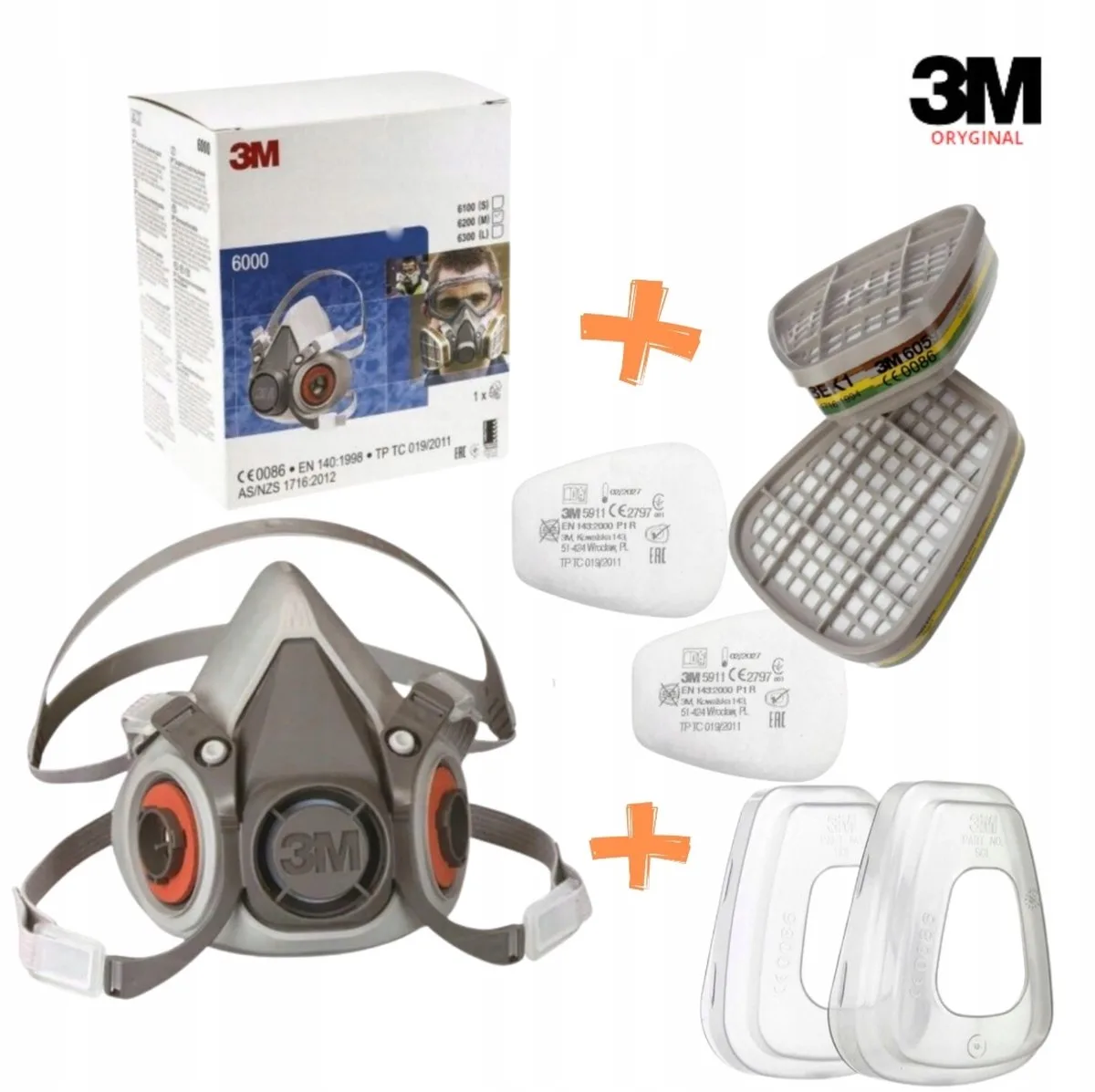3M 6300 (maat L) + 6059x2 + 5911x2 + 501x2 SET half gelaatsmasker compleet Verf/stofmasker de 3M, Gris – image du produit