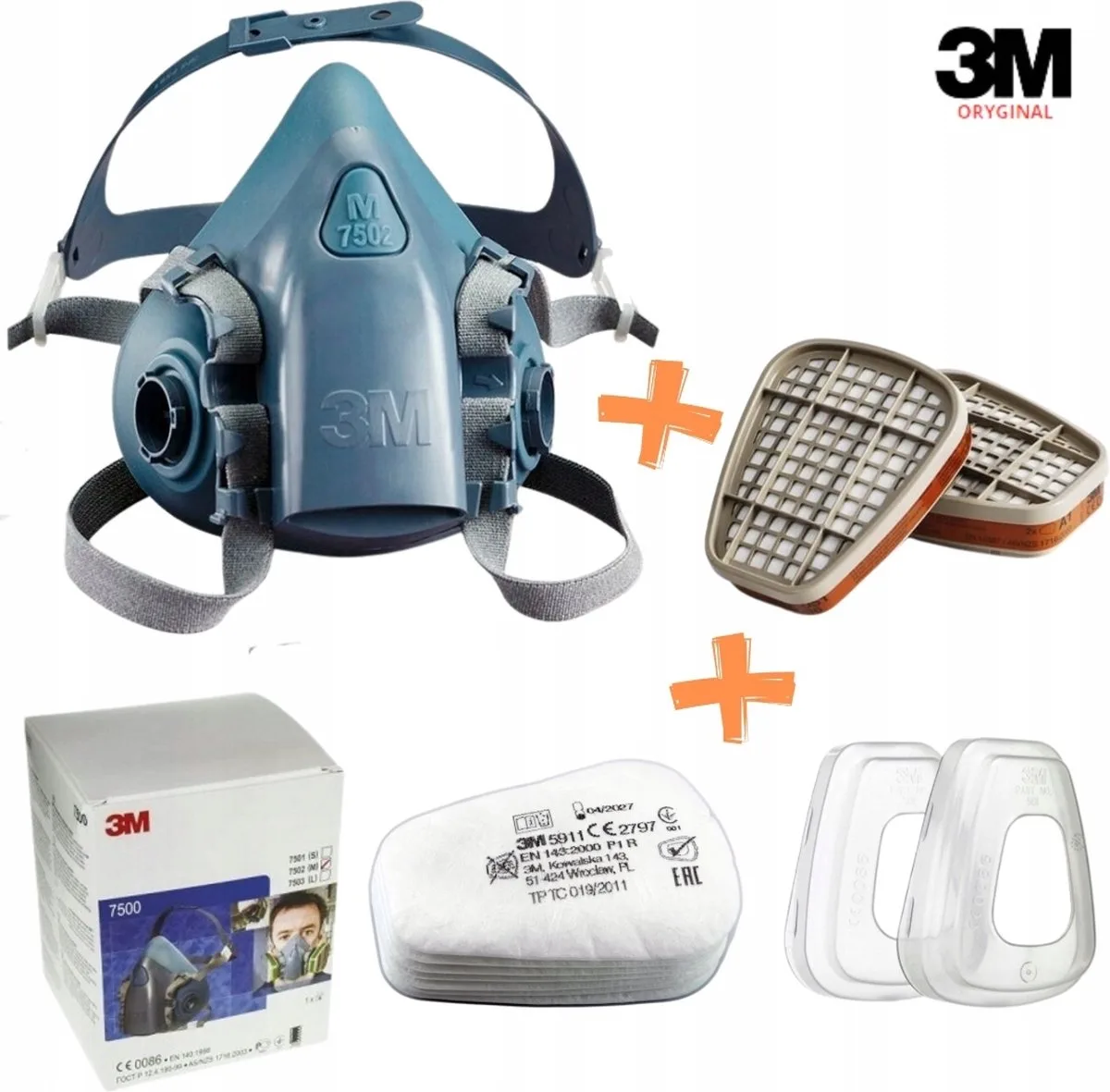 3M 7502 + 6057 + 5911- verfmasker-stofmasker 7500 Halfgelaatsmasker (maat M 7502) + 3M 6057 A1 filters + 4 inlegfilters 3M P1 5911 + 2 filterkap voor 5911- compleet van 3M, Grijs – productafbeelding