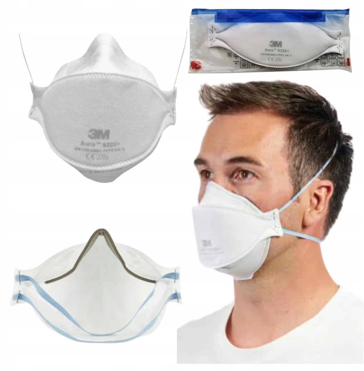 Aura 9320+ FFP2 NR D stofmasker - Bescherming tegen virussen en stof van 3M, Wit – productafbeelding