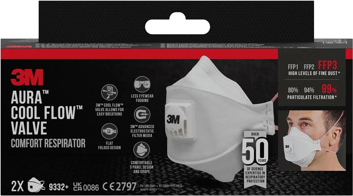 Aura Comfort Cool Flow stofmasker, FFP3, met ventiel, pak van 2 stuks van 3M, Wit – productafbeelding