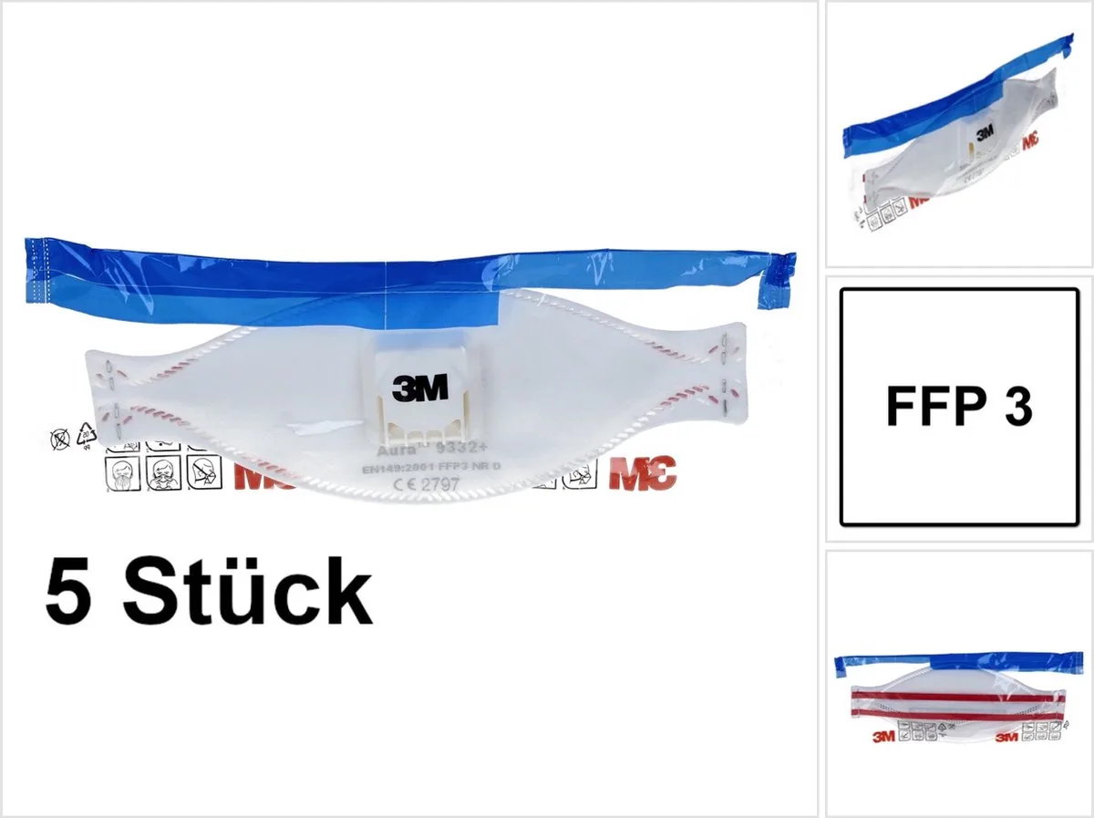 Aura Comfort Cool Flow stofmasker, FFP3, met ventiel, pak van 5 stuks van 3M, Wit – productafbeelding