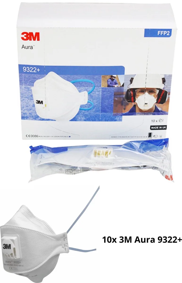 Aura™ 3M 9322+ 9322+ Fijnstofmasker met ventiel - Stofmasker met ventiel FFP2 D 10 stuk(s) van 3M – productafbeelding