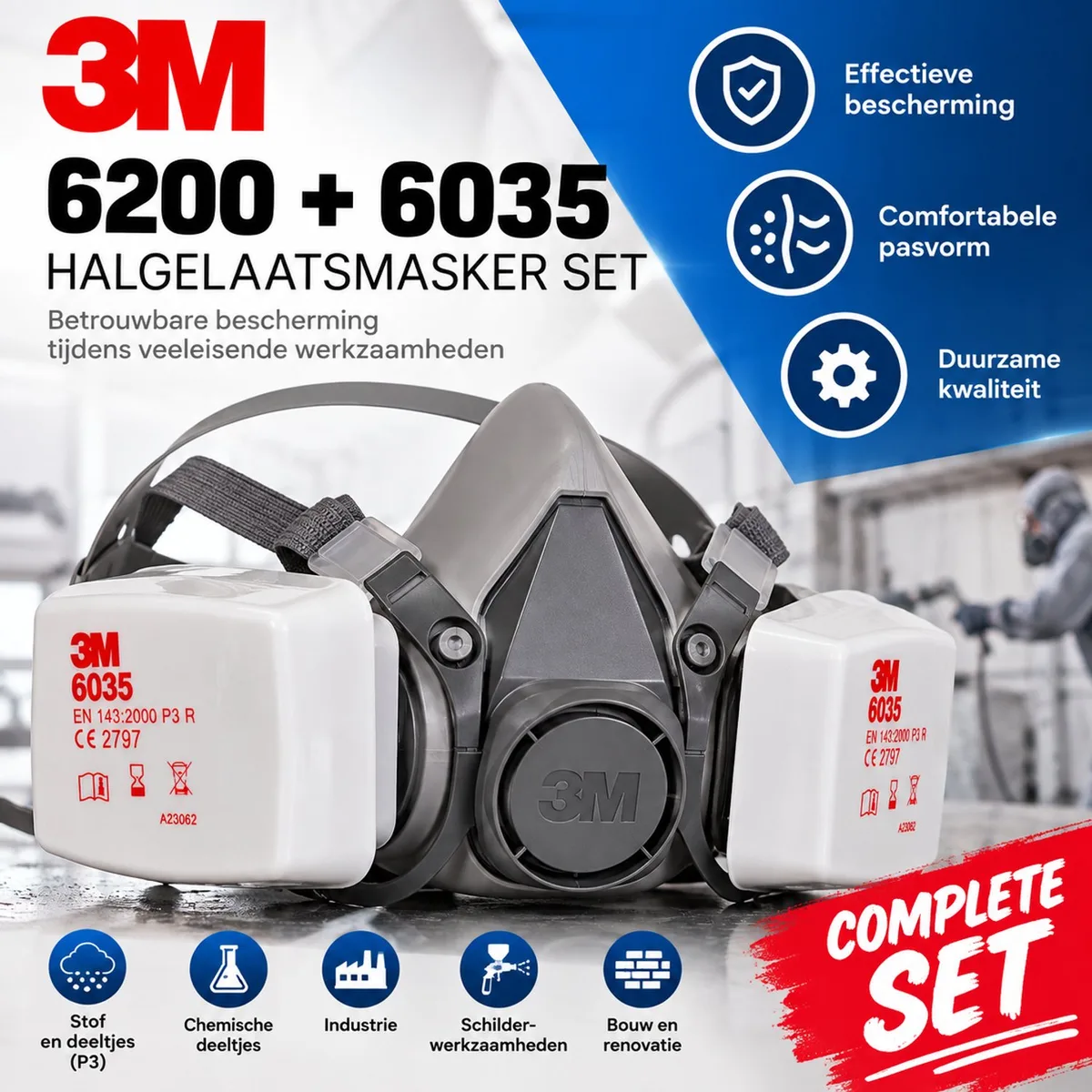 Complete Set Stof | 3M Halgelaatsmasker 6200 Medium + P3 Filterset 3M 6035 stoffilter deeltjes van 3M, Grijs – productafbeelding