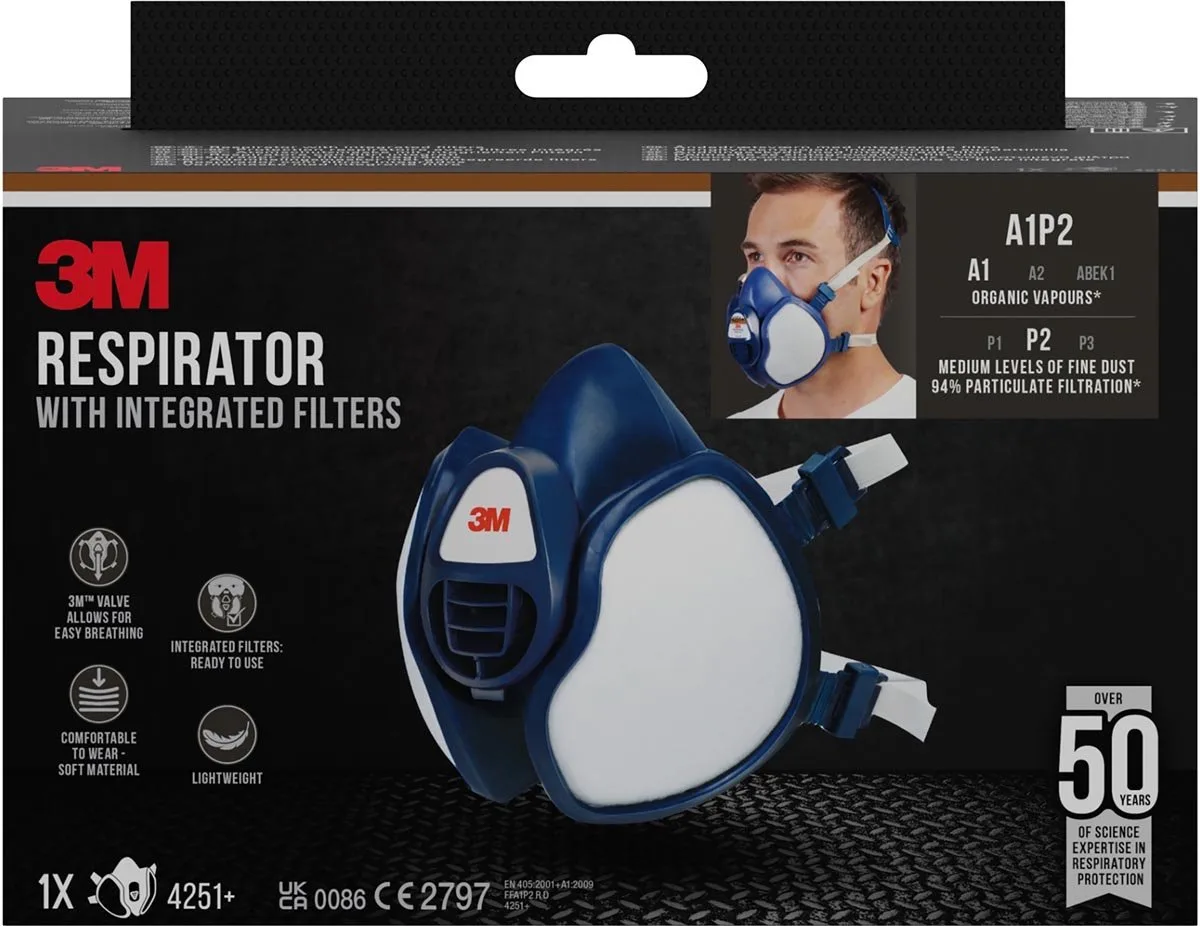 mondmasker met geïntegreerde filters, herbruikbaar, biedt A1P2 ademhalingsbescherming van 3M, Blauw, Wit – productafbeelding
