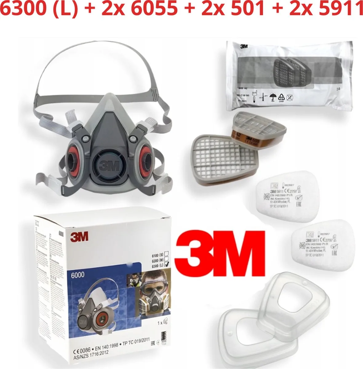 origineel 6300 half gelaatsmasker maat L + 6055 x2 (Gas- en Dampfilter A2) + 5911 x2 + 501 x2 -compleet-zach-lichtgewicht-comfort tijdens langere gebruiksduur- V-vormige ophanging van 3M, Grijs – productafbeelding