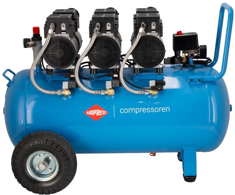 Stille olievrije compressor LMO 90-380 8 bar 3 pk (3 x 1 pk) / 2,25 kW 280 l/min 90 l fra Airpress, Blå – produktbillede