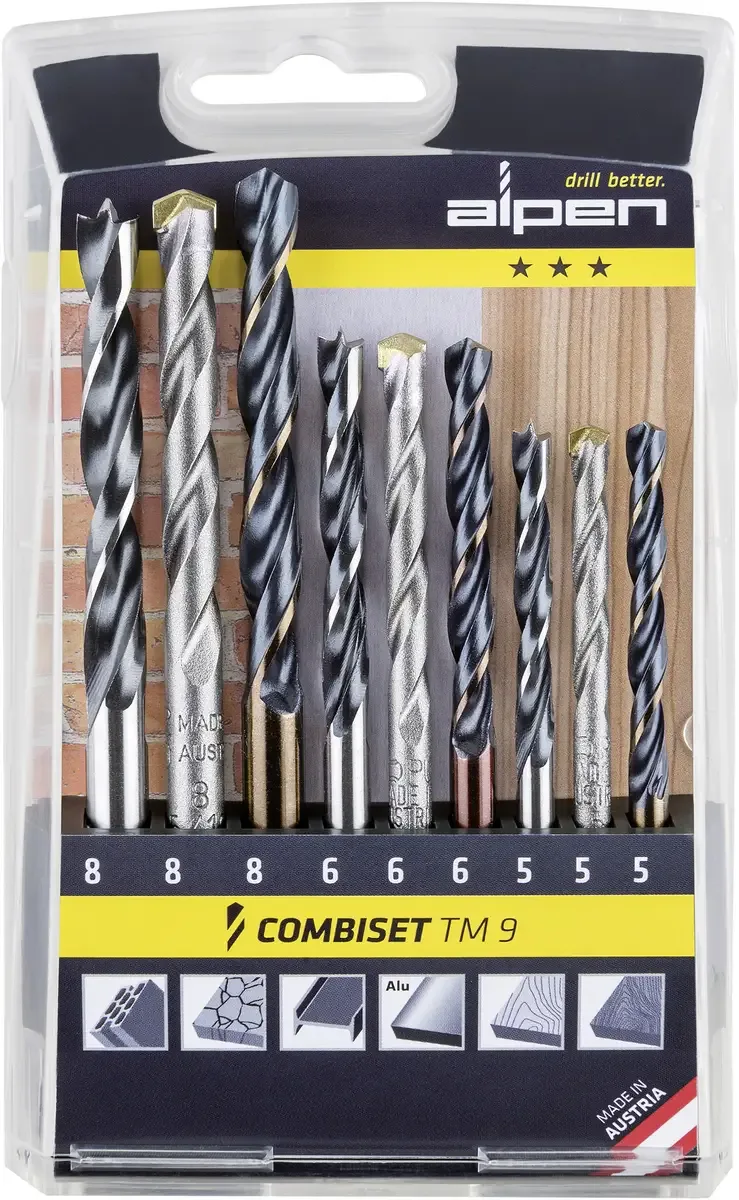 Alpen 0000802102100 TM 9 9 dele Bor- og bit-sortiment Metal, Sten, Beton , Træ, Murværk 5 mm, 6 mm, 8 mm de Alpen – image du produit