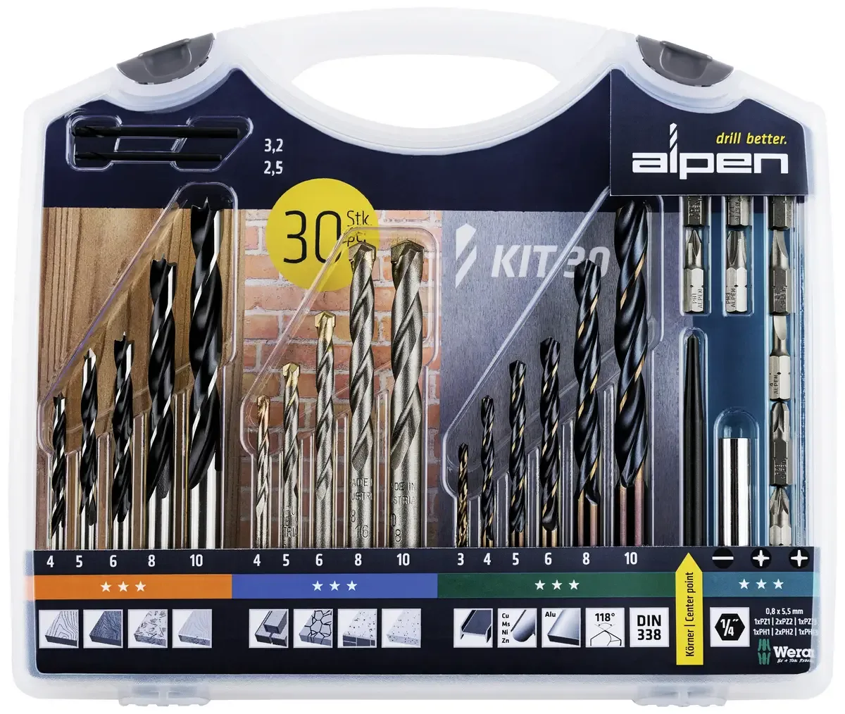 Alpen 800230100 30 dele Bor- og bit-sortiment Metal, Sten, Beton , Murværk, Tegl, Træ 3 mm, 4 mm, 5 mm, 6 mm, 8 mm, 10 mm de Alpen – image du produit