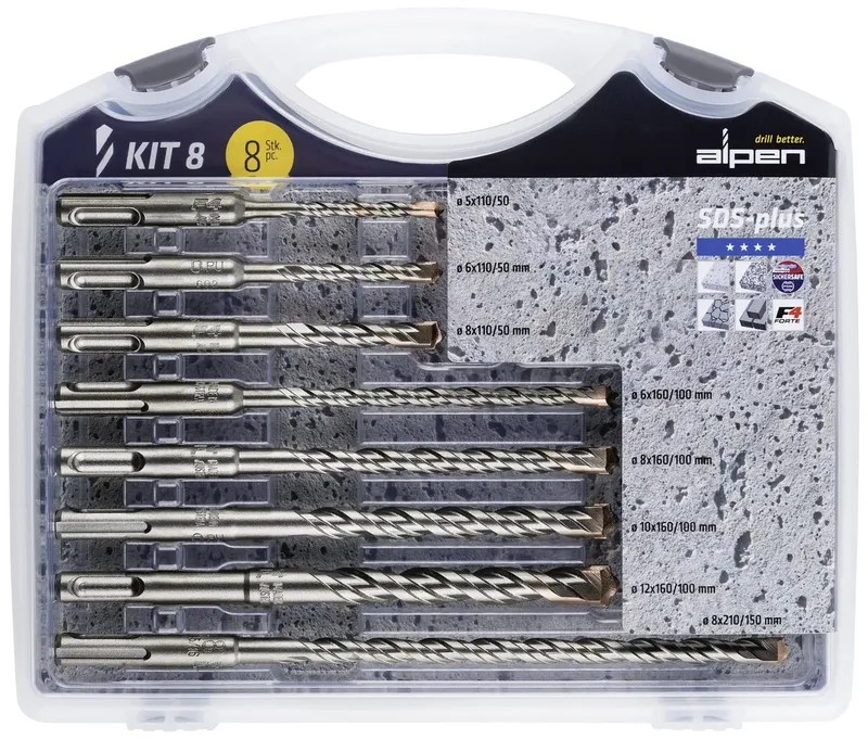 Jeu de forets pour marteau-perforateur 8 pièces SDS-Plus Alpen 80704100100 1 set de Alpen – image du produit