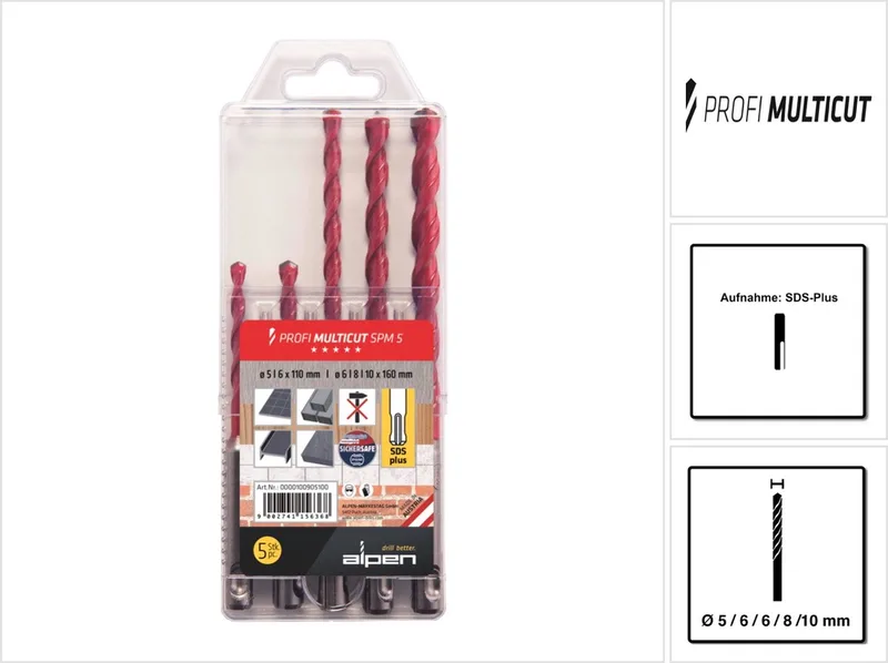 MultiCut 100905100 Carbide Multifunctionele boorset 5-delig 5 mm, 6 mm, 8 mm, 10 mm SDS-Plus 1 set(s) van Alpen – productafbeelding 1 van 2