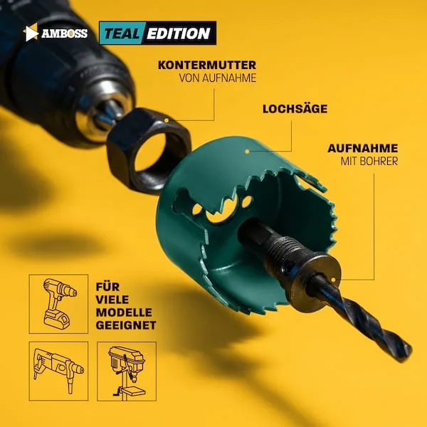 CS Teal Edition Lochsägen Set 11-tlg. Ø 22-68 mm - präzise Lochsäge Holz, Kunststoff & Plattenwerkstoffe från Amboss – produktbild 5 av 5