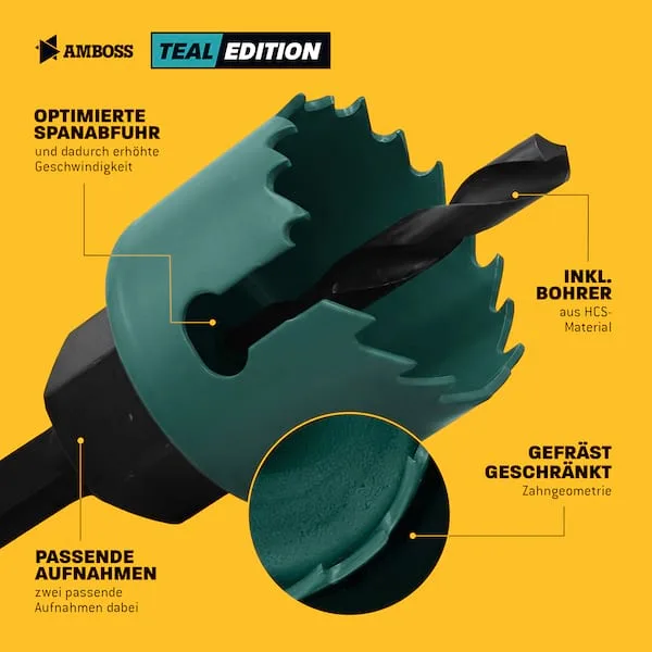 CS Teal Edition Lochsägen Set 11-tlg. Ø 22-68 mm - präzise Lochsäge Holz, Kunststoff & Plattenwerkstoffe från Amboss – produktbild 4 av 5