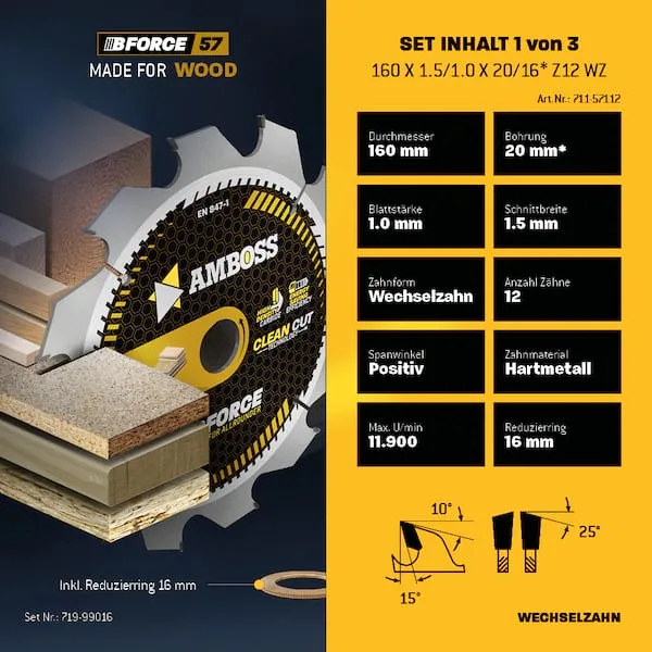 Ø160 Akku Hand- Kreissägeblatt Set passend für Bosch PKS18 Li, Bosch 18V-53, Mafell MS 55 KSP 55 F KSS 400 PSS 3100 SE MT 55 cc von Amboss – Produktbild 3 von 5