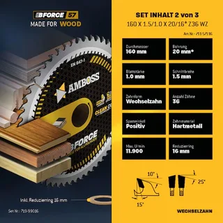 Ø160 Akku Hand- Kreissägeblatt Set passend für Bosch PKS18 Li, Bosch 18V-53, Mafell MS 55 KSP 55 F KSS 400 PSS 3100 SE MT 55 cc von Amboss – Produktbild 4 von 5