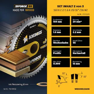 Ø160 Hand- Kreissägeblatt Set passend für Bosch PKS 55 A, Festool HKC 55 EB, Metabo KS 55 de Amboss – image du produit 4 sur 5