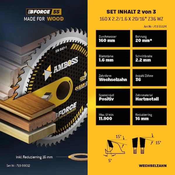 Ø160 Hand- Kreissägeblatt Set passend für Bosch PKS 55 A, Festool HKC 55 EB, Metabo KS 55 de Amboss – image du produit 4 sur 5