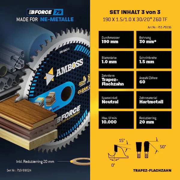 Ø190 Hand- Kreissägeblatt Set passend für Bosch GKS 190, Bosch PKS 66 A. Metabo KS66. Makita 5705R de Amboss – image du produit 5 sur 5