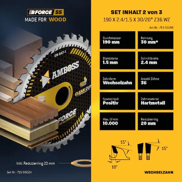 Ø190 Hand- Kreissägeblatt Set passend für Bosch GKS 190, Bosch PKS 66 A. Metabo KS66. Makita 5705R de Amboss – image du produit 4 sur 5