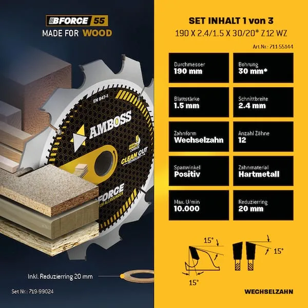 Ø190 Hand- Kreissägeblatt Set passend für Bosch GKS 190, Bosch PKS 66 A. Metabo KS66. Makita 5705R de Amboss – image du produit 3 sur 5