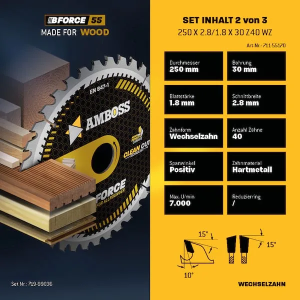 Ø250 Hand- Kreissägeblatt Set passend für Mafell Erika 85 EC, Dewalt DWE 7492 uvm. von Amboss – Produktbild 4 von 5