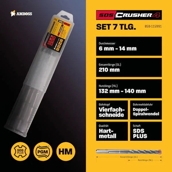 SDS+ Hammerbohrer Set 7tlg. 4X Schneiden PGM Ø 6-14mm x 210mm de Amboss – image du produit 4 sur 5