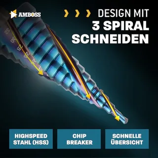 Stufenbohrer HSS-E Co 5% D:4-6-8-10-12-14-16-18-20-22-24-26-28-30-32mm TiAlSiN nano blue coating von Amboss – Produktbild 3 von 5