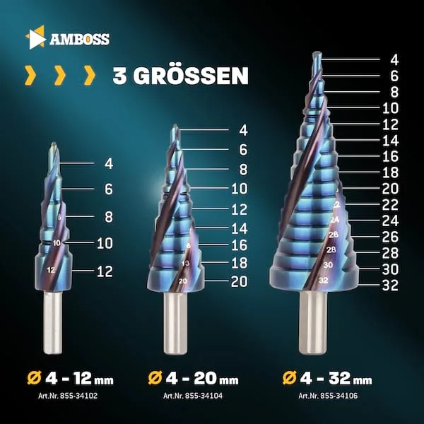 Stufenbohrer HSS-E Co 5% D:4-6-8-10-12-14-16-18-20mm TiAlSiN nano blue coating by Amboss – product image 4 of 5