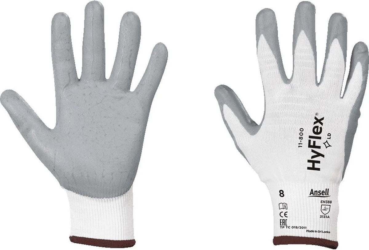 HyFlex 11-800 nylon handschoen L van Ansell, Grijs, Wit – productafbeelding