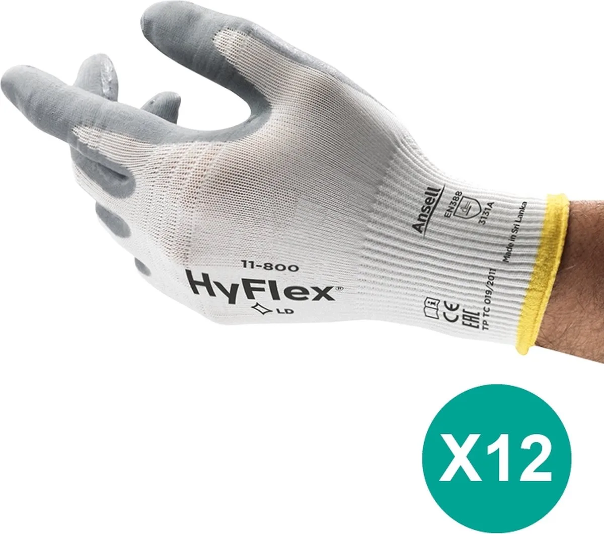 HyFlex® 11-800 - Werkhandschoen, DIY, Garage, Montage, S, 12 paar van Ansell, Wit – productafbeelding