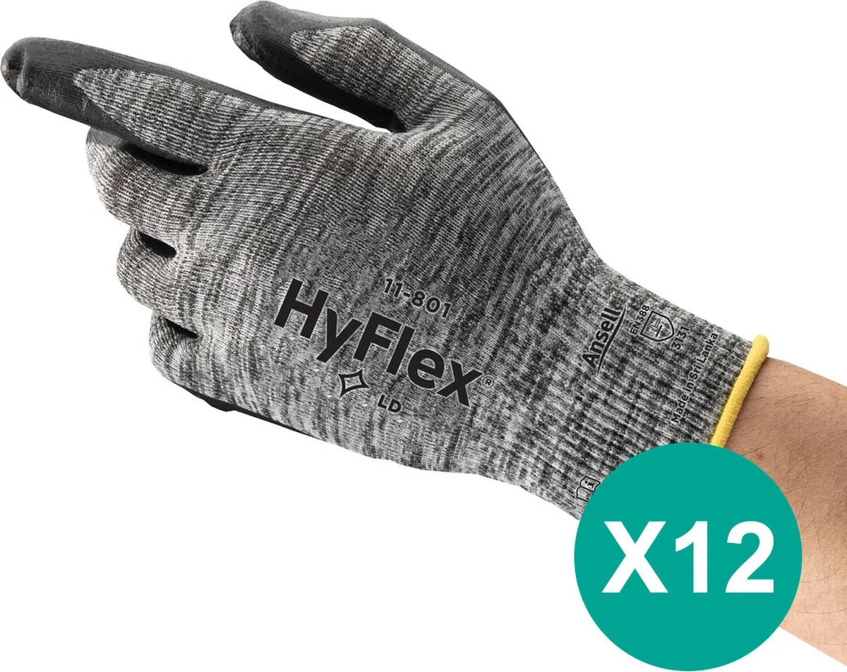HyFlex® 11-801 - Werkhandschoen, DIY, Garage, Montage, M, 12 paar van Ansell, Grijs – productafbeelding