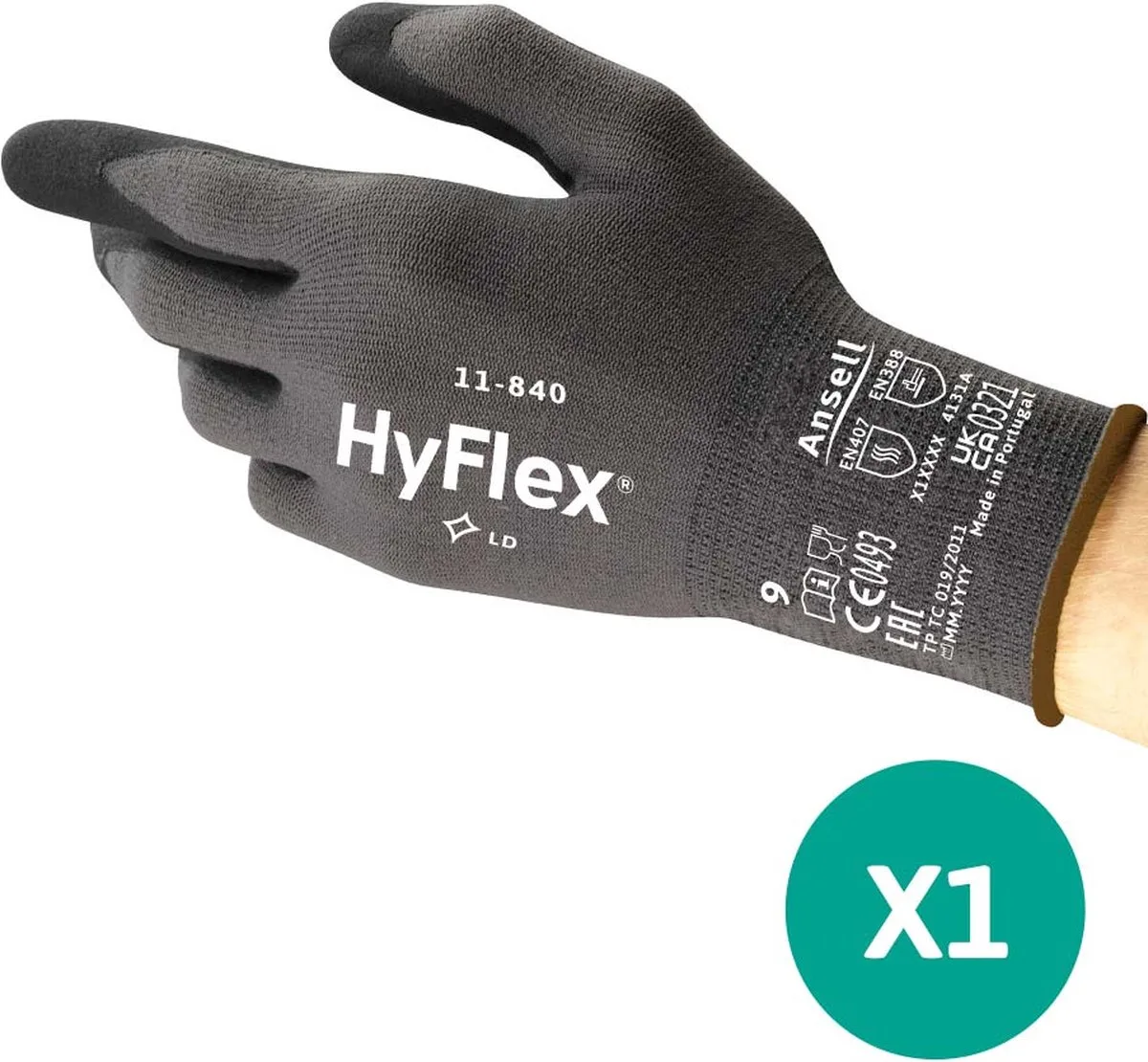 HyFlex® 11-840 - Werkhandschoen, DIY, Garage, Montage, Tuin, 2XL, 1 paar van Ansell, Zwart – productafbeelding