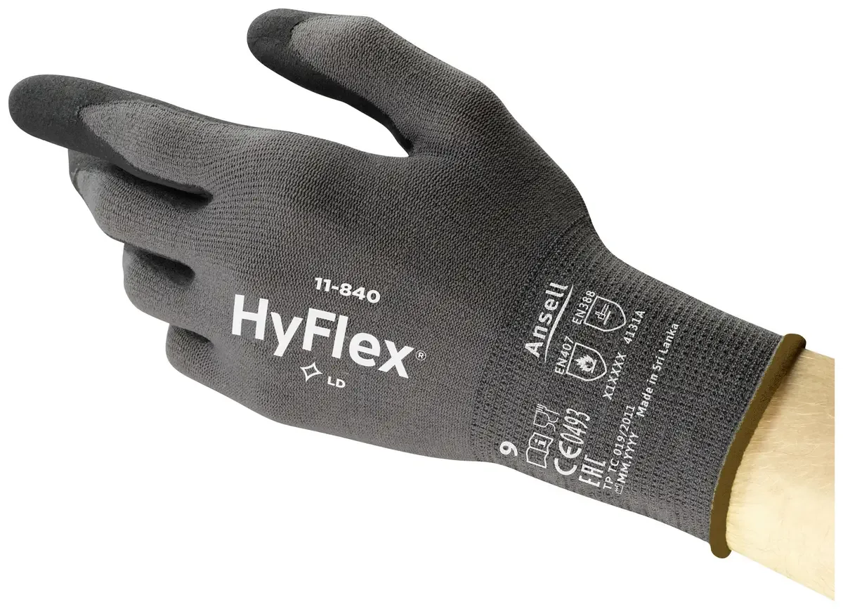 HyFlex® 11840R090-1P Werkhandschoen Nylon, Spandex Maat (handschoen): 9 EN 388:2016, EN 420-2003, EN 407:2020, EN 388-2003, EN 21420:2020, EN 407-04 ISO von Ansell, Schwarz – Produktbild