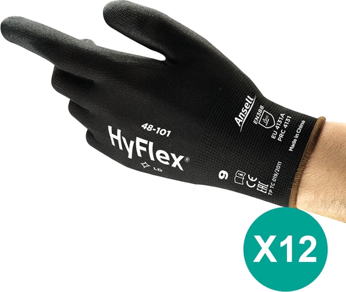 HyFlex® 48-101 - Werkhandschoen, DIY, Comfort en bescherming, XL, 12 paar by Ansell, Black – product image