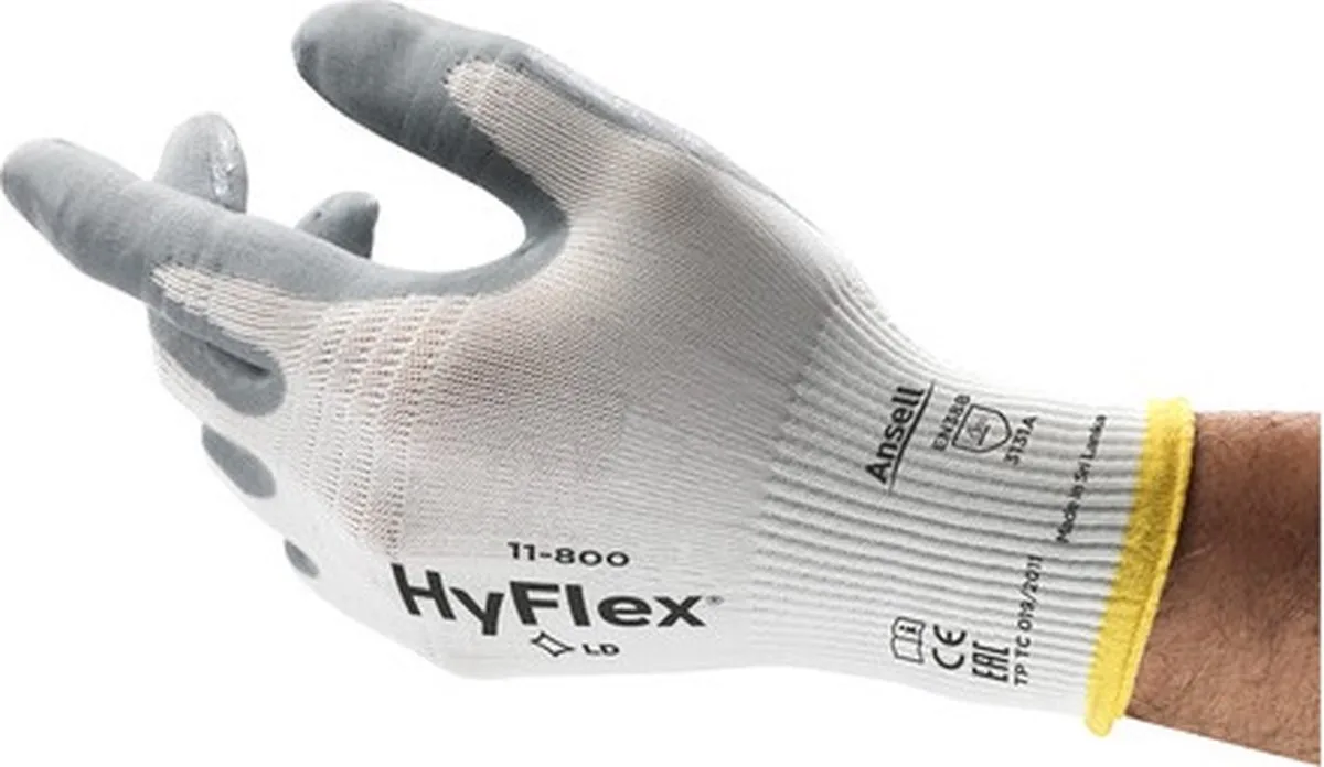 werkhandschoenen - HyFlex 11-800 van Ansell, Wit, Grijs, 10 L/XL – productafbeelding