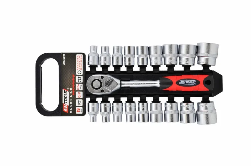 AW39019 Serie - Dopsleutelset - 19 Delig - Ergonomische Ratelsleutel - Staal von AWTOOLS, Rot – Produktbild