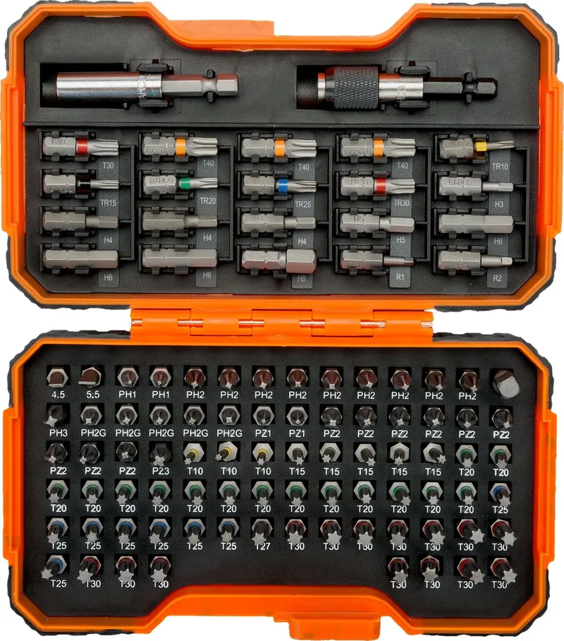 59/S100BC-IP 100-Delige Bitset - Gleuf-, Phillips®, Pozidriv®, Hexagon, Robertson en Torx® van Bahco, Meerkleurig, Zwart – productafbeelding