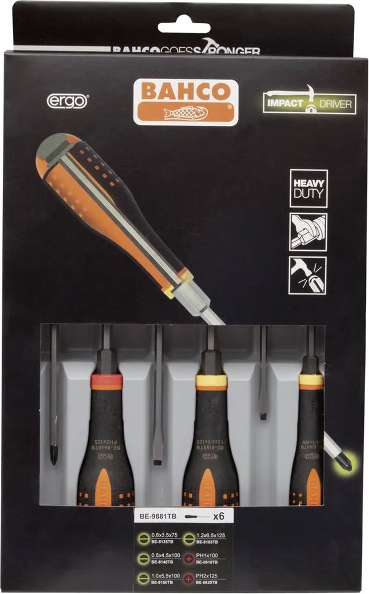 Ergo pour latelier Jeu de tournevis 6 pièces vis à fente, cruciforme Phillips de Bahco, Kleurloos – image du produit