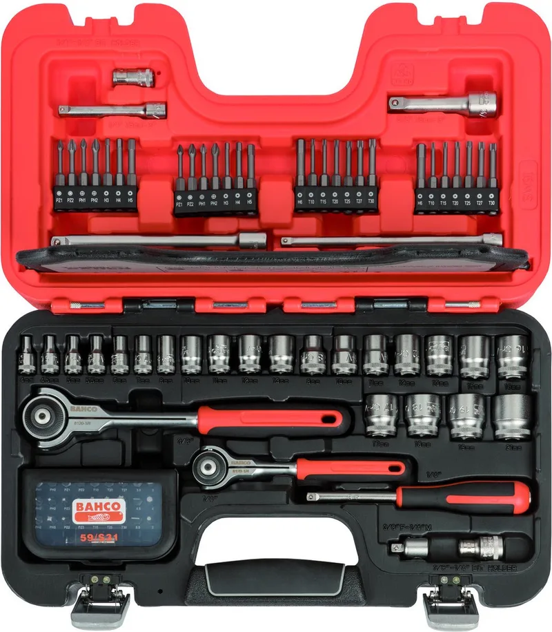 SW91 | 91-DELIG DOPSLEUTELSET 1/4" - 3/8" | MET SCHARNIERENDE RATELKOP de Bahco, Rouge – image du produit