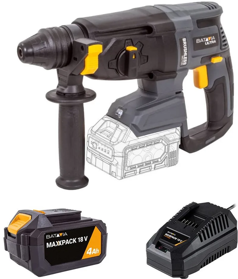 Accu 18V boorhamer SDS+ brushless - Incl. 4.0Ah Li-ion Accu / 4.5A Snellader - 4 standen voor veelzijdig gebruik - Max boordiameter hout 30mm, steen 26mm en staal 13mm - Ultra Incl. 4.0Ah Accu & Snellader van Batavia – productafbeelding