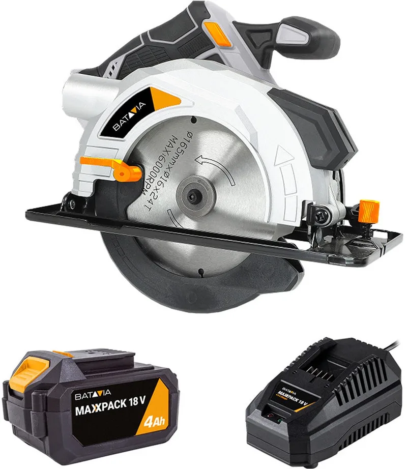 Accu 18V Cirkelzaag 165mm - Incl. 4.0Ah Li-ion Accu / 4.5A Snellader - Maxxpack Incl. 4.0Ah Accu & Snellader van Batavia – productafbeelding
