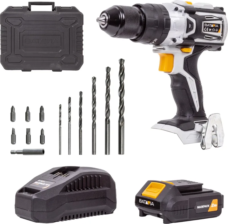 Accu 18V klopboormachine set 50Nm - Incl. 2.0Ah Li-ion Accu / 2.4A Oplader - Brushless motor - Klopfunctie - 1800 RPM - 50Nm - 28800 slager per minuut - Ø13 mm - Maxxpack de Batavia – image du produit