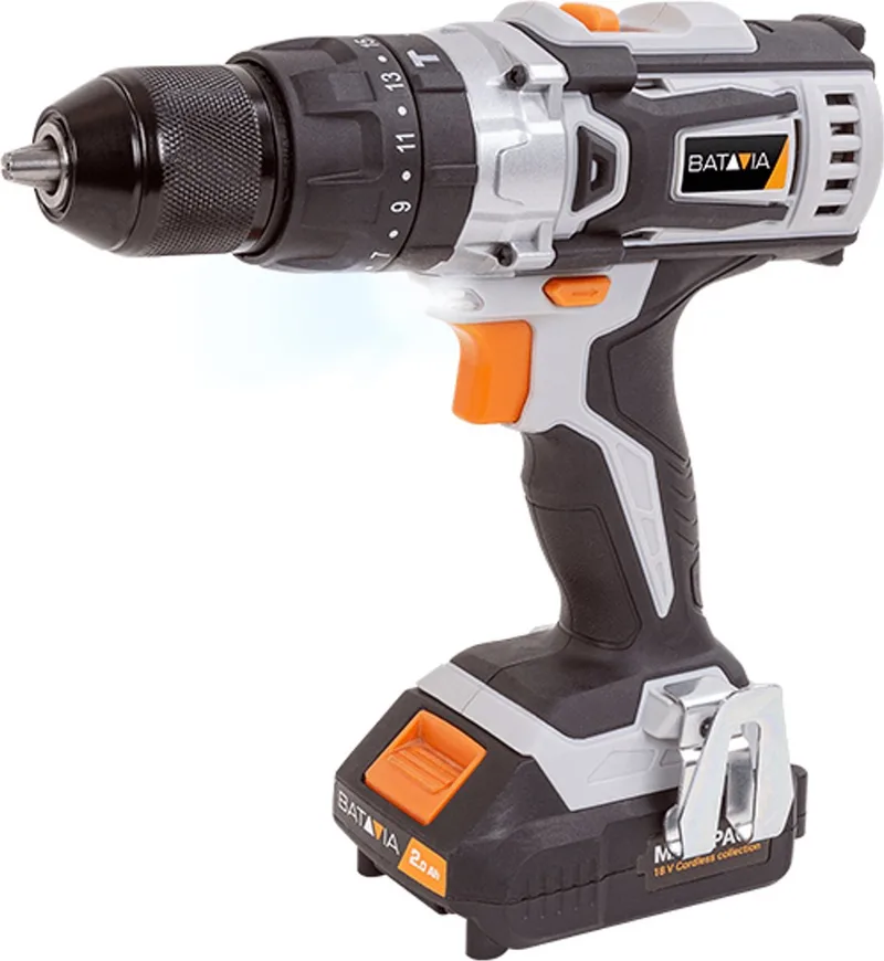Accu 18V klopboormachine set - Incl. 2x 2.0Ah Li-ion Accu en 2.4A Oplader in opbergkoffer - Klopboorfunctie - 1600RPM - 40Nm - Ø13 mm - met koffer - Maxxpack van Batavia – productafbeelding
