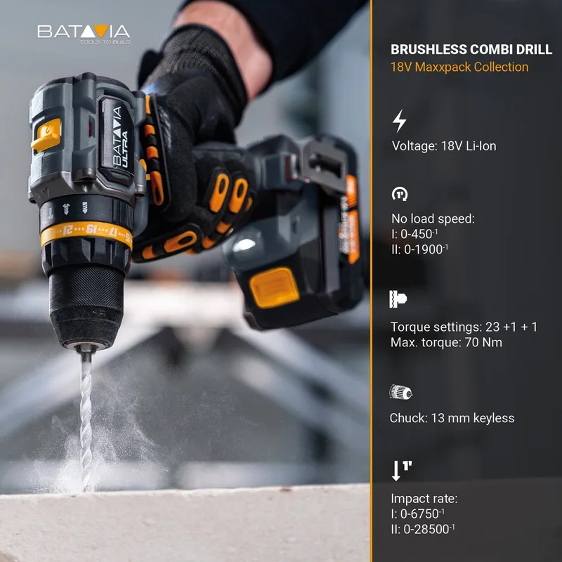 Batavia 18V Brushless Accu Klopboormachine 70 Nm Incl. 4.0Ah Ultra Accu & Snellader de Batavia – image du produit