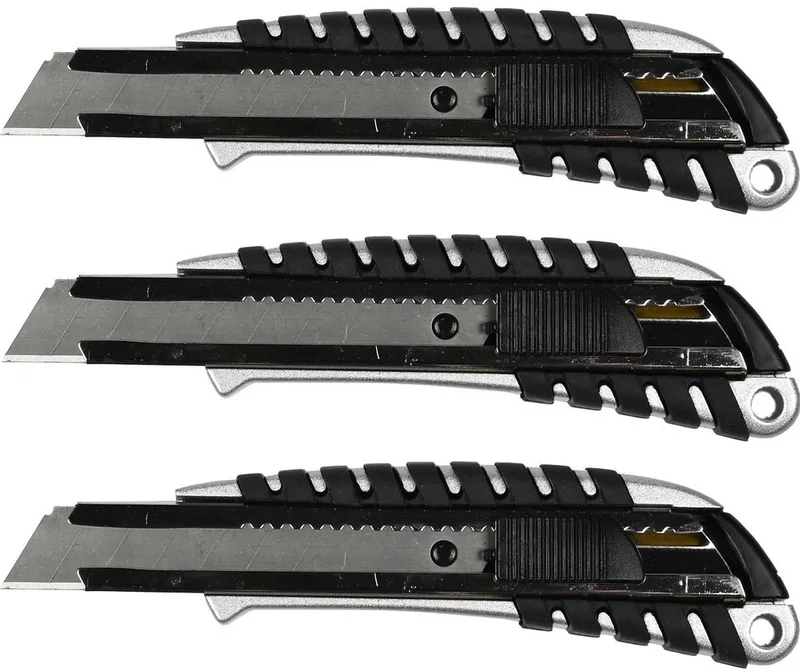 Afbreekmes - 3x - snijmes - werkmes - 18 mm - anti-slip handvat - automatische vergrendeling von Benson, Schwarz – Produktbild