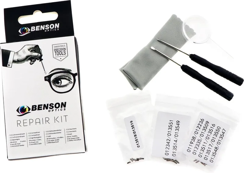 Complete bril reparatieset - 22-delig - Inclusief schroevendraaiers, vergrootglas en microvezel doekje by Benson, Grey – product image