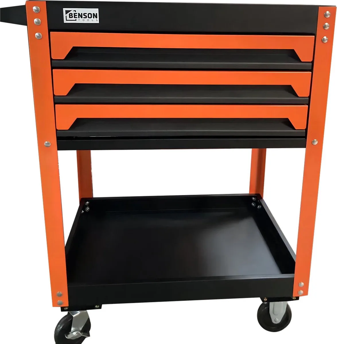 Demonteerbare gereedschapstrolley - 2 laden - robuust staal - 665 x 465 x 885 mm fra Benson, Sort, Orange – produktbillede