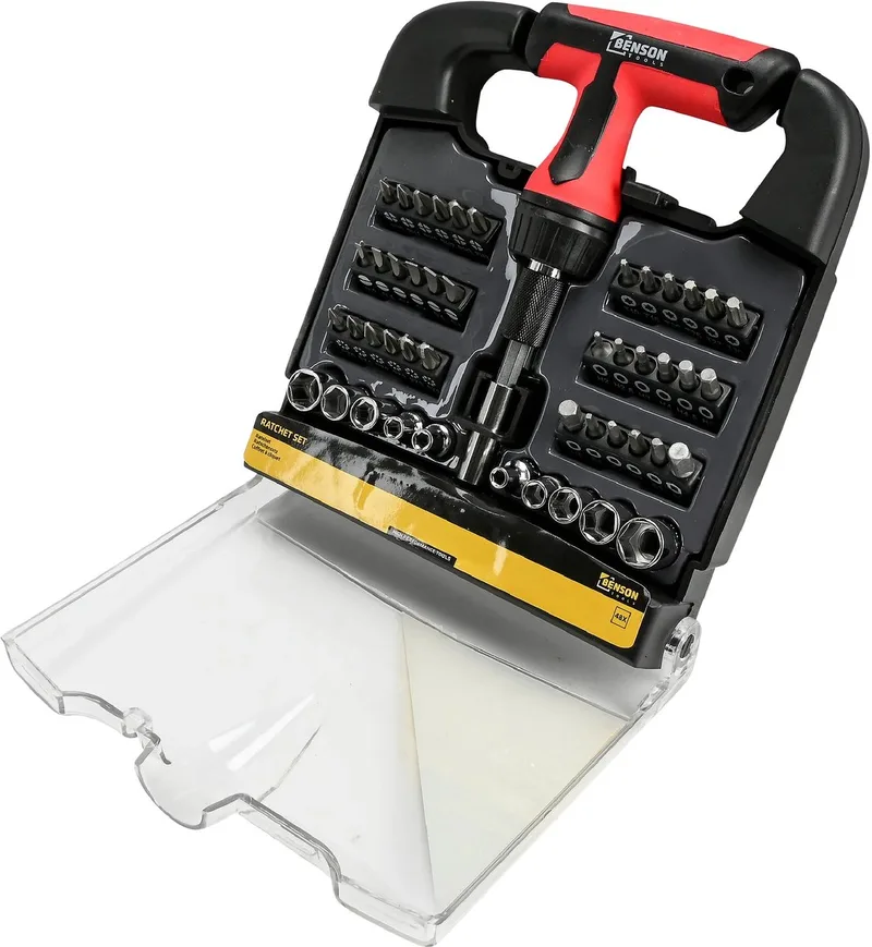 Ratelset 48-delig rood-zwart met bits, doppen en handgreep by Benson, Red, Black – product image