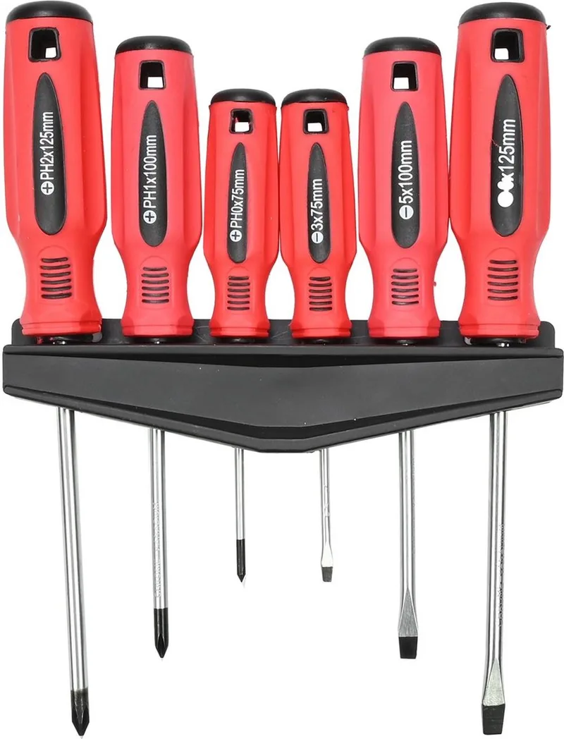 Schroevendraaierset 6-deilig professionele kwaliteit CrV Chrome Vanadium staal kruiskop PH0x75mm PH1x100mm PH2x125mm en platte kop 3x75mm 5x100mm 6x125mm by Benson, Red – product image