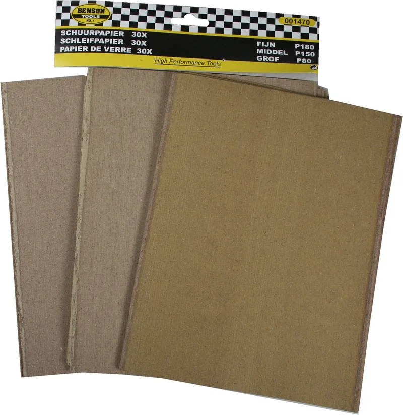 Schuurpapier - 30x stuks - P180 fijn / P150 middel / P80 grof - 20 x 25 cm de Benson – image du produit